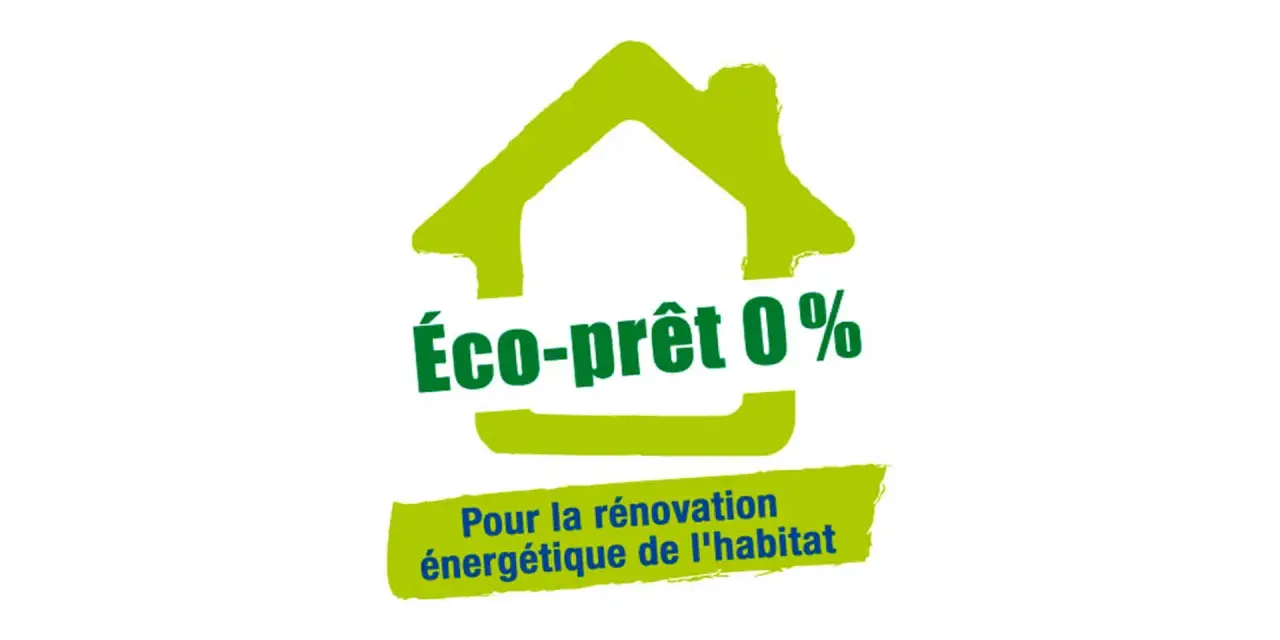 Logo d'une maison verte stylisée, annonçant un "Éco-prêt 0%" pour la rénovation énergétique.