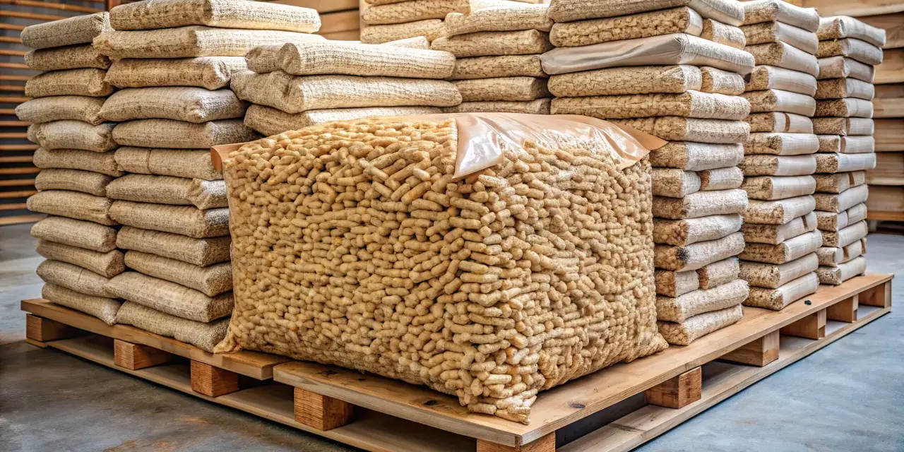 Une palette de bois supporte un grand sac transparent rempli de granulés de bois, entouré de piles de sacs plus petits. Combien de sac de granulés sur une palette ?