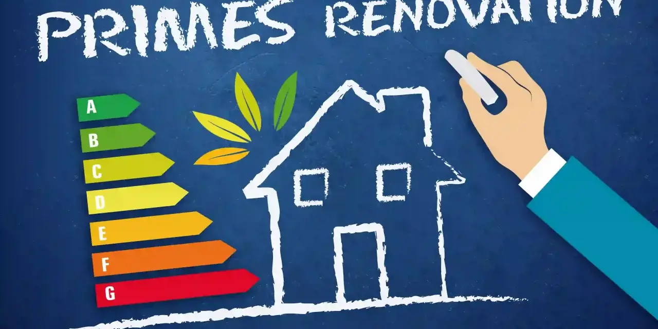 Une main dessine une maison sur un tableau bleu, avec une échelle d'efficacité énergétique et le texte "PRIMES RÉNOVATION".