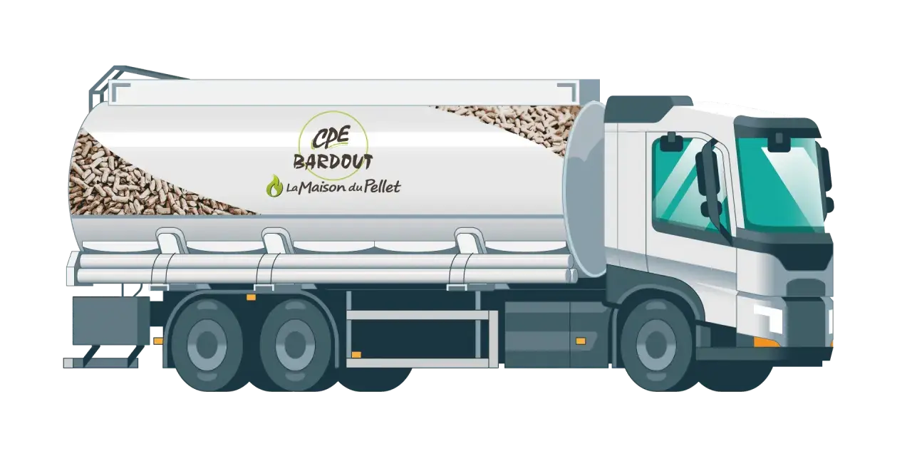 Camion-citerne blanc transportant des granulés de bois, avec le logo "CPE BARDOT La Maison du Pellet".