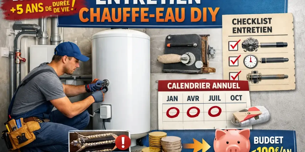 Un homme effectue l'entretien d'un chauffe-eau. Un calendrier et une tirelire indiquent un budget annuel <100€.