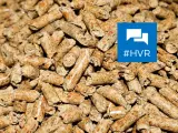 Gros plan sur une **composition de pellets** de bois, combustibles écologiques. Un logo bleu avec le hashtag #HVR est superposé.