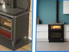Cuisinière à bois ancienne et moderne dans une cuisine.