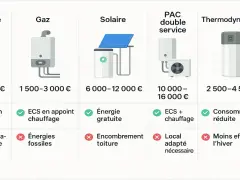 Comparatif des systèmes de chauffage : électrique, gaz, solaire, PAC double service et thermodynamique. Le chauffe eau thermodynamique est une option intéressante pour le dispositif Prime Renov.