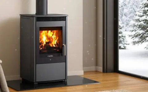 Poêle à bois Cadel en feu, avec une vue sur un paysage enneigé. L'alarme pressostat assure un fonctionnement sûr.