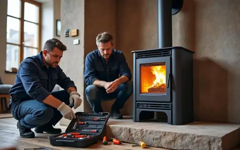 Deux hommes travaillent sur un poêle Invicta allumé, avec une boîte à outils ouverte.