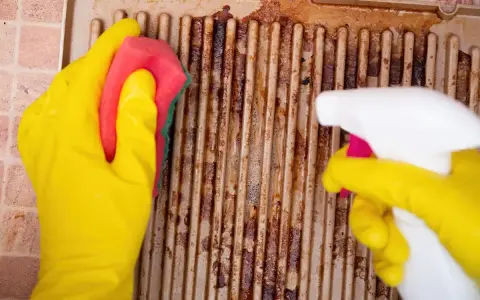Gants jaunes, éponge et spray pour apprendre comment nettoyer le dessus d'une cuisinière en fonte.