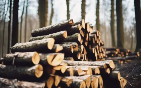 Un tas de frêne bois de chauffage empilé dans une forêt brumeuse, prêt pour l'hiver.