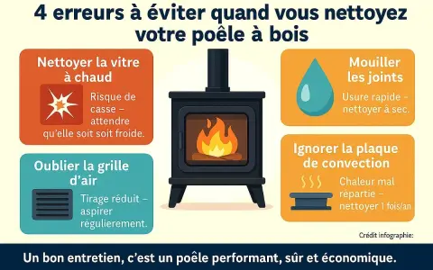 Infographie sur l'entretien d'un poêle à bois. Évitez 4 erreurs : nettoyer la vitre à chaud, mouiller les joints, oublier la grille d'air, ignorer la plaque de convection. Un bon entretien assure un poêle performant.