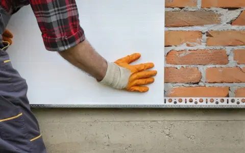 Pose d'isolant blanc sur mur de briques. Estimation du prix isolation extérieur maison 140m2.