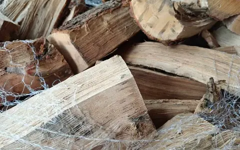 Un tas de bois sec, prêt à crépiter dans la cheminée. Les bûches sont emballées dans un filet blanc.