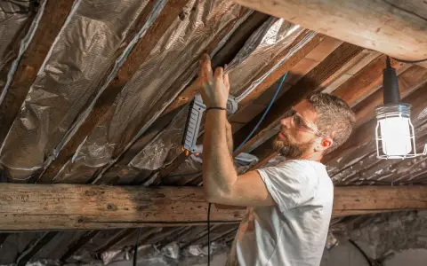 Un homme pose une isolation réfléchissante sous les chevrons. Il utilise une agrafeuse pour fixer le matériau. Ce chantier pourrait être éligible à un pret travaux CAF.