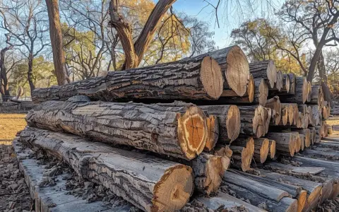Gros troncs de bois d'acacia empilés, prêts pour le feu de camp. Leurs cernes révèlent leur âge.