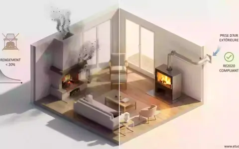 Comparaison : poêle à bois sans prise d'air extérieure (fumée, faible rendement) vs poêle moderne avec prise d'air extérieure (conforme RE2020).