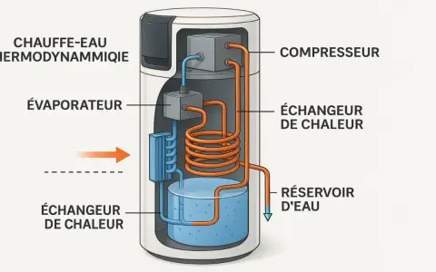 Schéma d'un chauffe-eau thermodynamique montrant le compresseur, l'évaporateur, les échangeurs de chaleur et le réservoir d'eau.