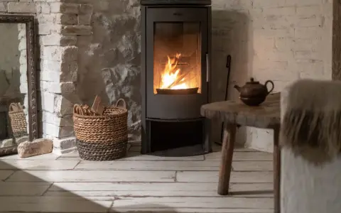 Poêle à bois moderne avec feu allumé, panier de bois, table rustique et miroir ancien.