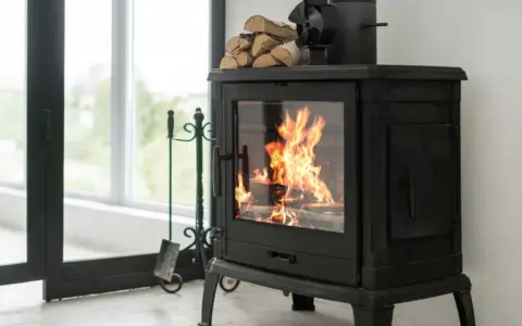 Poêle à bois crépitant, optimisant le pouvoir calorifique du pellet pour une chaleur réconfortante. Un ventilateur et du bois sont prêts à l'emploi.