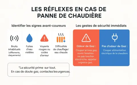 Infographie : signes avant-coureurs et gestes de sécurité en cas de panne de chaudière.