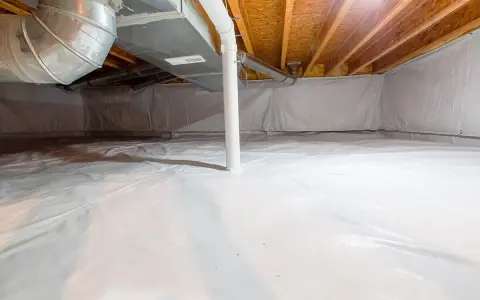 Vide sanitaire isolé avec une bâche blanche au sol et sur les murs, sous un plancher en bois avec des conduits.