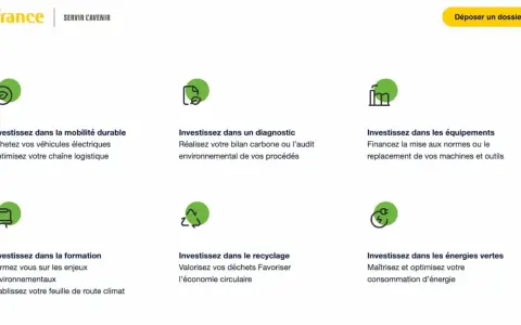 BPI France propose un prêt vert pour financer la mobilité durable, les diagnostics environnementaux, les équipements, la formation, le recyclage et les énergies vertes.