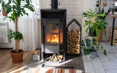 Poêle à bois allumé, entouré de plantes et de bois de chauffage. Une interdiction poêle à bois pourrait être envisagée pour des raisons de sécurité ou de pollution.