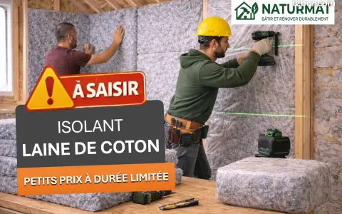 Pose d'isolant en laine de coton recyclé par des ouvriers.