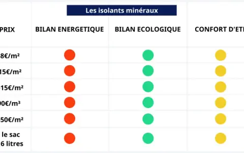 Tableau comparatif des isolants minéraux : laine de verre, roche, vermiculite, perlite, verre cellulaire, argile expansé. La laine de verre et de roche offrent le meilleur isolant thermique.