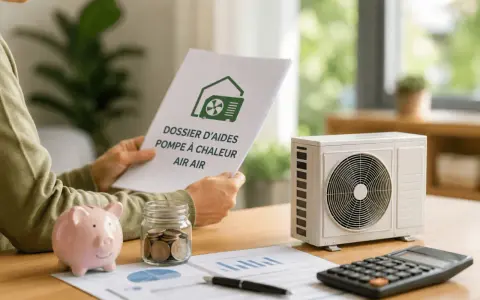 Une personne examine un dossier d'aide pour pompe à chaleur air air, à côté d'un modèle de climatiseur, d'une tirelire et d'une calculatrice.