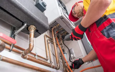 Un technicien installe une chaudière à gaz, une étape clé pour ma prime rénov. Il manipule des tuyaux en cuivre avec soin.