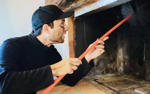 Ramoneur au visage barbouillé de suie utilise une brosse pour nettoyer le conduit d'un poêle à bois, assurant le bon fonctionnement du deflecteur poele a bois.