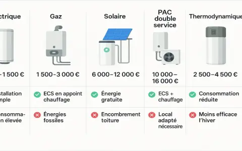 Tableau comparatif pour savoir comment choisir son chauffe eau : électrique, gaz, solaire, PAC double service, thermodynamique. Prix, avantages et inconvénients.