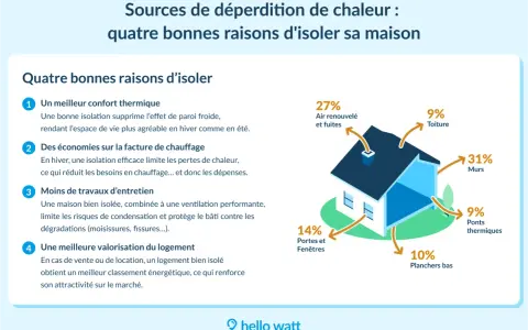 Schéma illustrant les sources de déperdition de chaleur d'une maison. Un bilan thermique montre que les murs (31%) et l'air renouvelé/fuites (27%) sont les principaux points de perte.