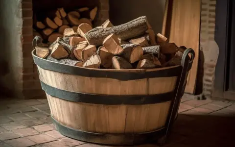 Un seau en bois rempli de bûches de bois de chauffage devant une cheminée.