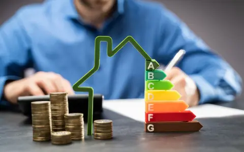 Calcul des conditions pour un prêt avance rénovation. Une maison verte, des pièces et un classement énergétique.