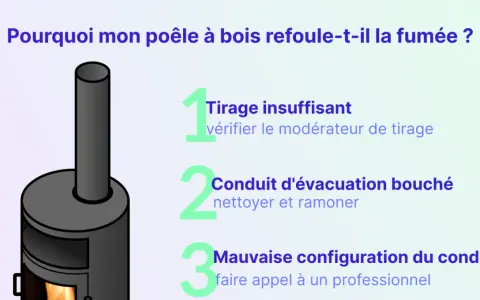 Illustration d'un poêle à bois avec un conduit. Le texte explique les causes d'un mauvais tirage poêle à bois : tirage insuffisant, conduit bouché ou mauvaise configuration.