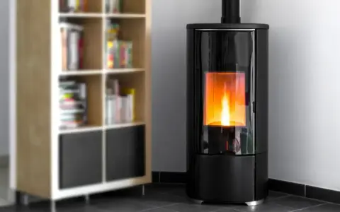Poêle à granulés Rika moderne, flammes vives. Un problème de thermostat pourrait affecter le confort. Bibliothèque floue en arrière-plan.