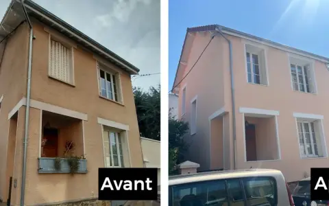 Avant/après : une maison rénovée avec une isolation extérieure moderne, des fenêtres plus claires et une façade rafraîchie.