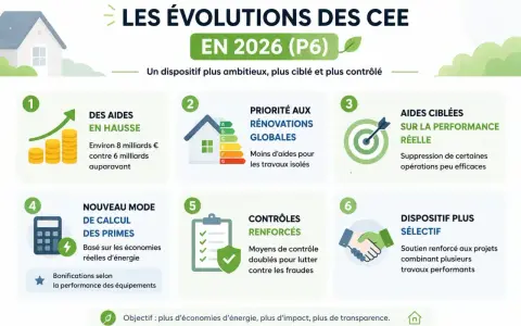 Infographie illustrant les évolutions des CEE en 2026 : aides en hausse, rénovations globales prioritaires, contrôles renforcés.