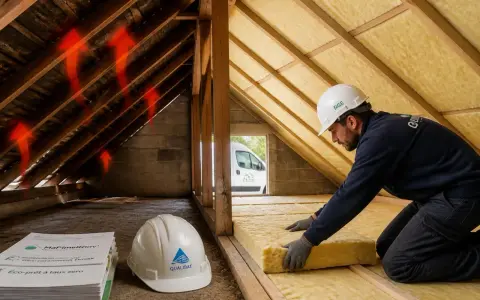 Un ouvrier installe une isolation dans un grenier. Les flèches rouges indiquent la perte de chaleur. Découvrez le prix de l'isolation des combles pour un meilleur confort.