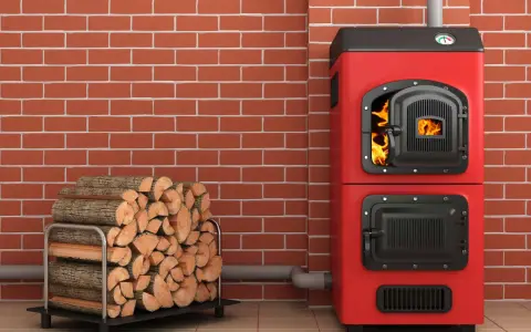 Une chaudière biomasse rouge flamboyante, avec une porte ouverte révélant des flammes vives, est prête à chauffer une maison. À côté, une pile de bois de chauffage attend patiemment.