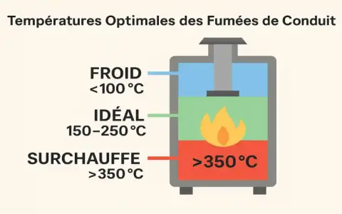 Diagramme montrant les températures idéales pour le rendement d'un poêle à bois : froid (<100°C), idéal (150-250°C) et surchauffe (>350°C).