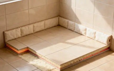 Coupe d'un sol carrelé montrant l'isolation sous carrelage avec un système de chauffage intégré, pour un confort optimal.