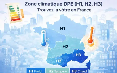 Carte de France divisée en zones climatiques DPE : H1 (Froid), H2 (Tempéré) et H3 (Chaud).