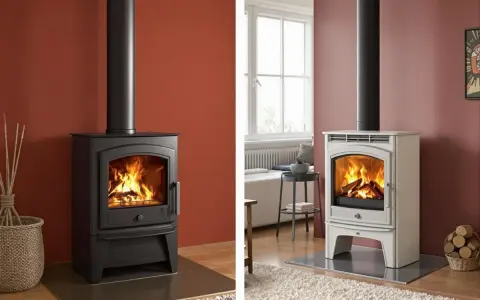 Poêles à bois en acier noir et en fonte blanche, avec flammes vives.