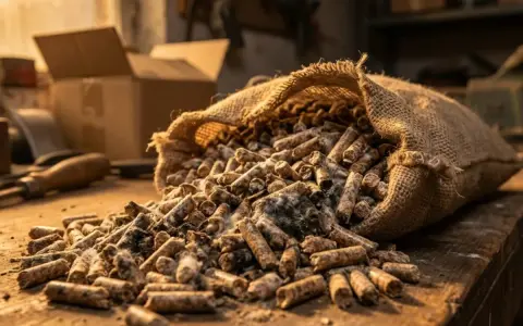 Sac de granulés de bois renversé sur un établi, prêt pour le stockage dans un garage.