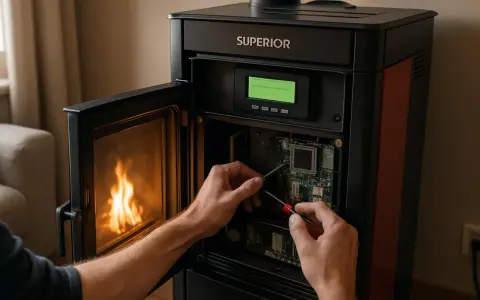 Mainteneur travaillant sur la carte mère d'un poêle à granulés, peut-être pour résoudre un code erreur poêle à granulés. Flammes visibles dans le foyer.