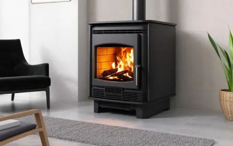 Poêle à bois moderne, flammes vives réchauffant la pièce. Les granulés ne tombent plus, juste du bois qui crépite. Un fauteuil noir et une plante verte complètent la scène.