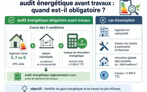 Schéma expliquant quand un audit énergétique est obligatoire avant travaux : conditions (logement E, F ou G, maison individuelle, travaux ≥ 5000€) et cas d'exemption.