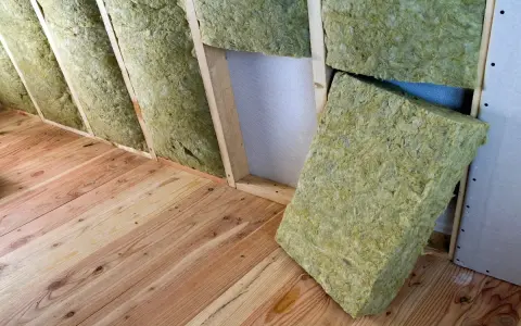 Isolation d'un grenier avec de la laine de verre sans pare vapeur, posée entre les chevrons sur un plancher en bois.
