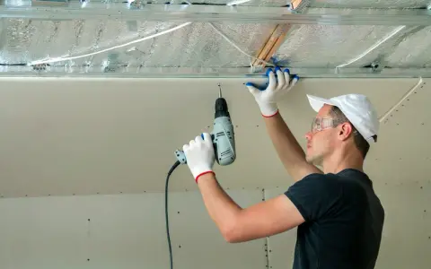 Un ouvrier installe des isolants minces sous un faux plafond en plaques de plâtre, utilisant une perceuse pour fixer les éléments.